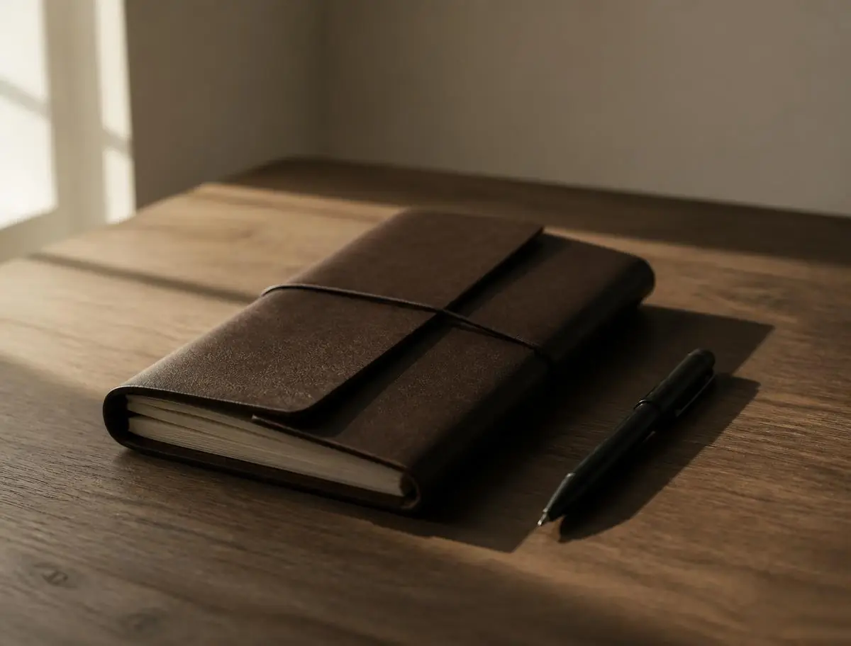 A folded leather notebook and pen on a warm timber desk in soft window light.